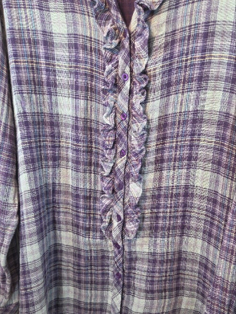 Relativity Lavender Plaid Ruffle-Front Button-Down Shirt - Picture 4 of 14